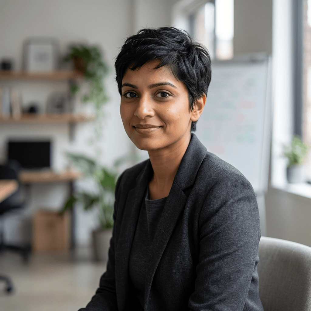 Sarah Mitchell in a business casual blazer in a bright office