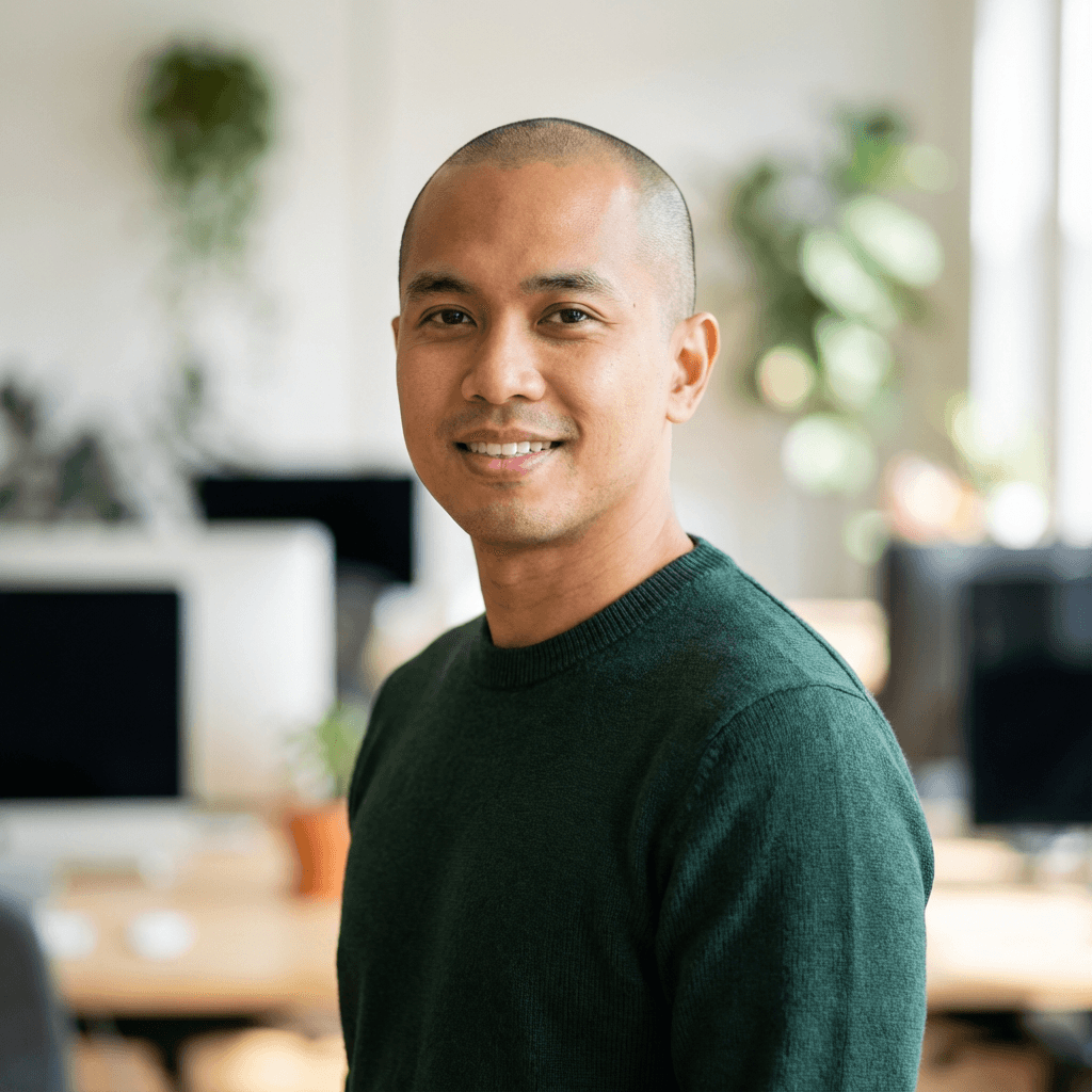 Marcus Chen smiling in a casual button-down shirt near a window
