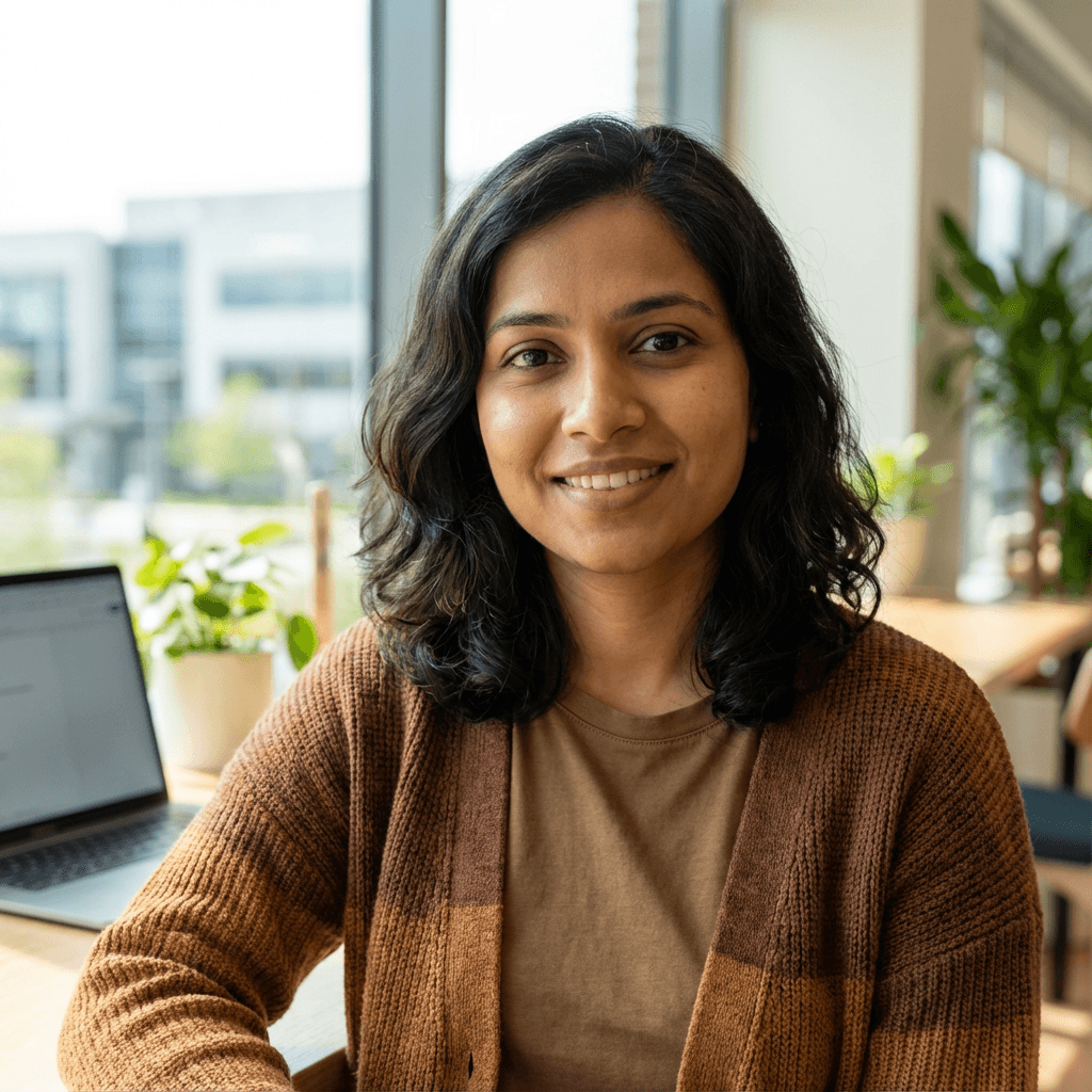 Priya Nair smiling in a bright Toronto coffee shop