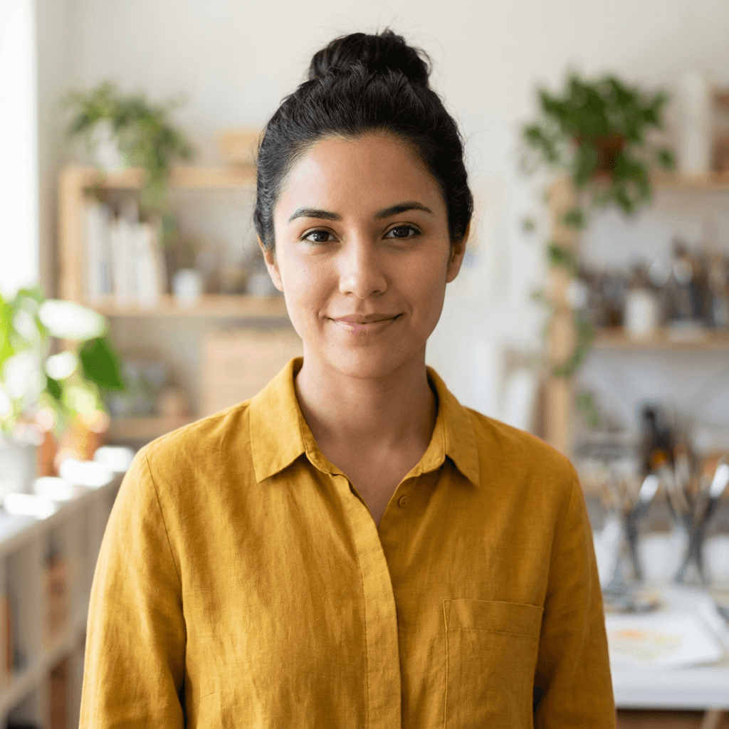 Emily Rodriguez in a light blouse in a bright, plant-filled room
