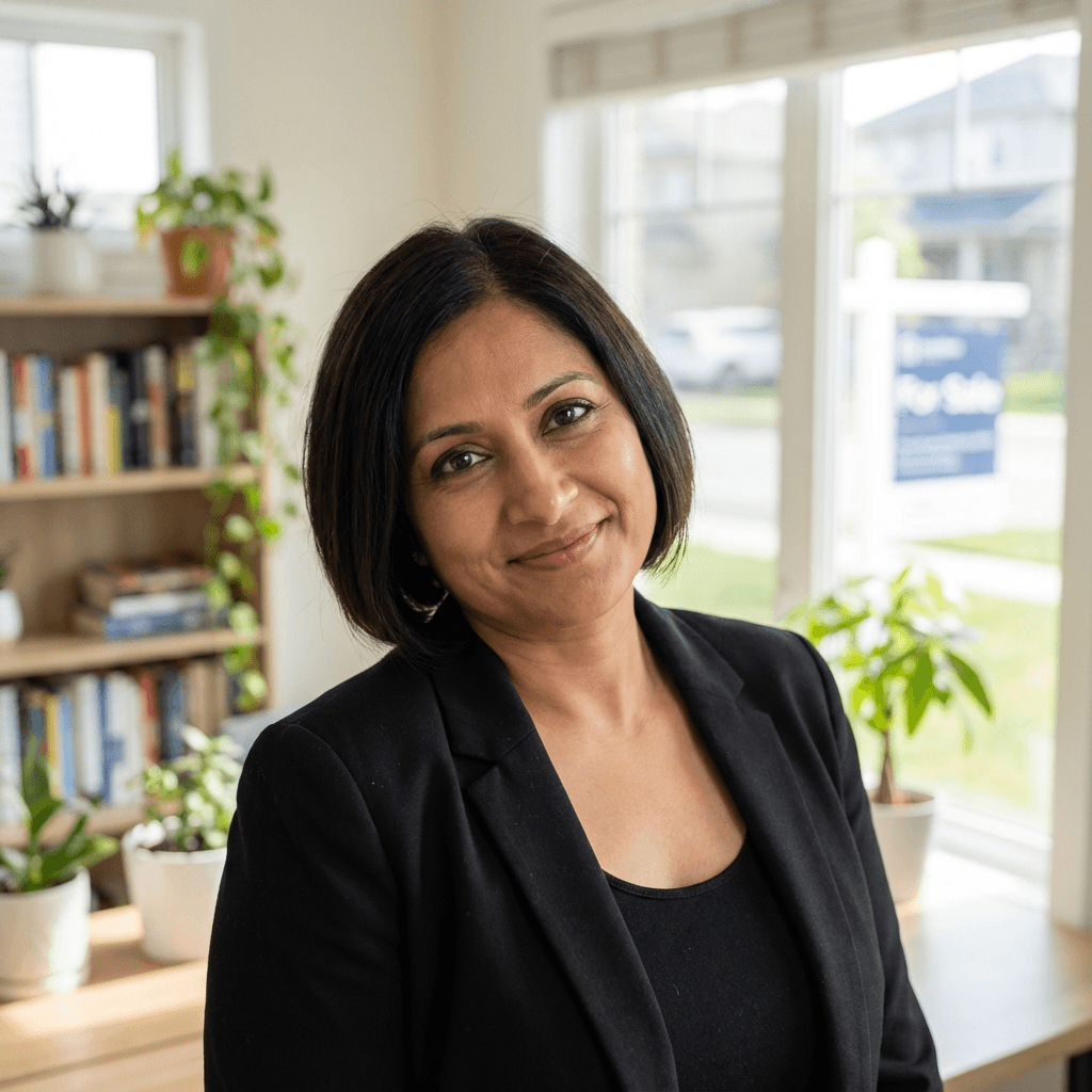 Priya Patel in a smart casual top in a cozy home office