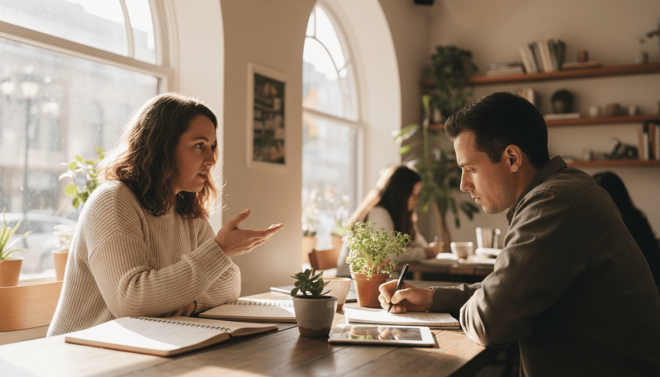 Two people having a coaching conversation at a sunlit cafe table with notebooks and coffee