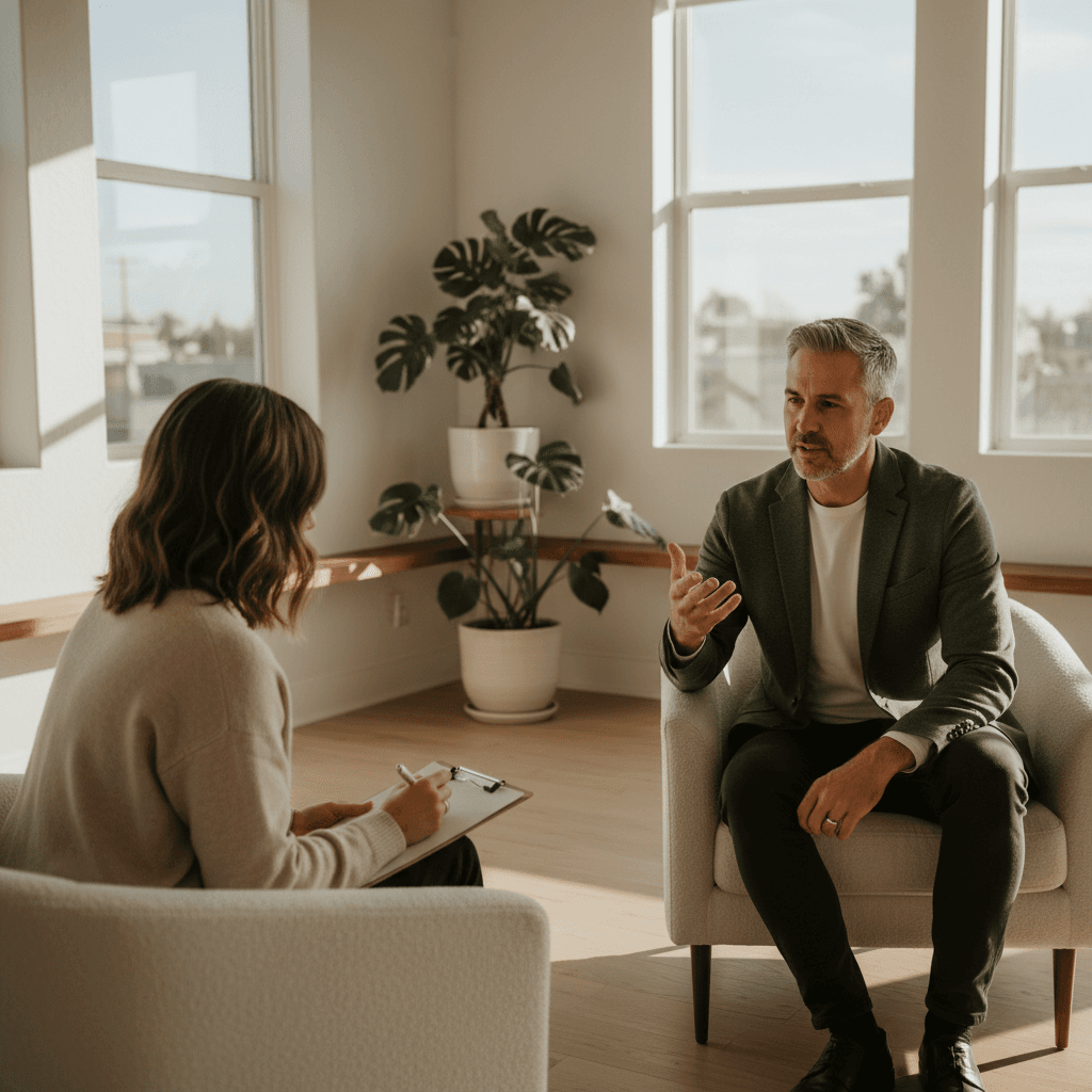 A coaching session in a bright office space, two people talking over a table with notebooks