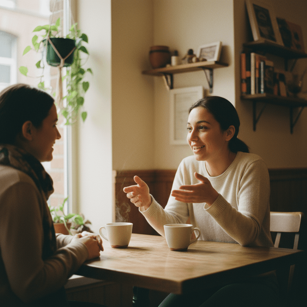 Coach and client in a focused conversation at a sunlit cafe table