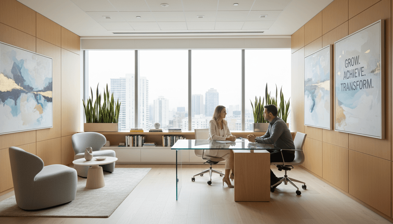 Coach talking with a client in a sunlit Toronto office